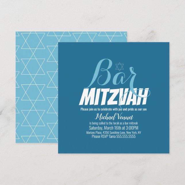 Invitation Bar Mitzvah géométrique bleu blanc (Devant / Derrière)
