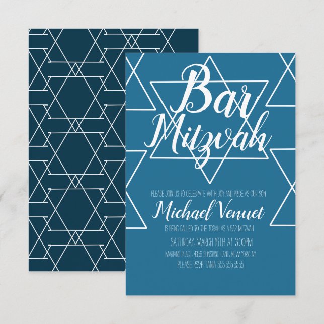 Invitation Bar Mitzvah géométrique bleu et blanc (Devant / Derrière)