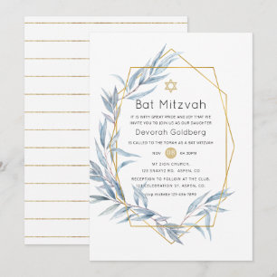 Invitation Bar Mitzvah géométrique bleu et or eucalyptus