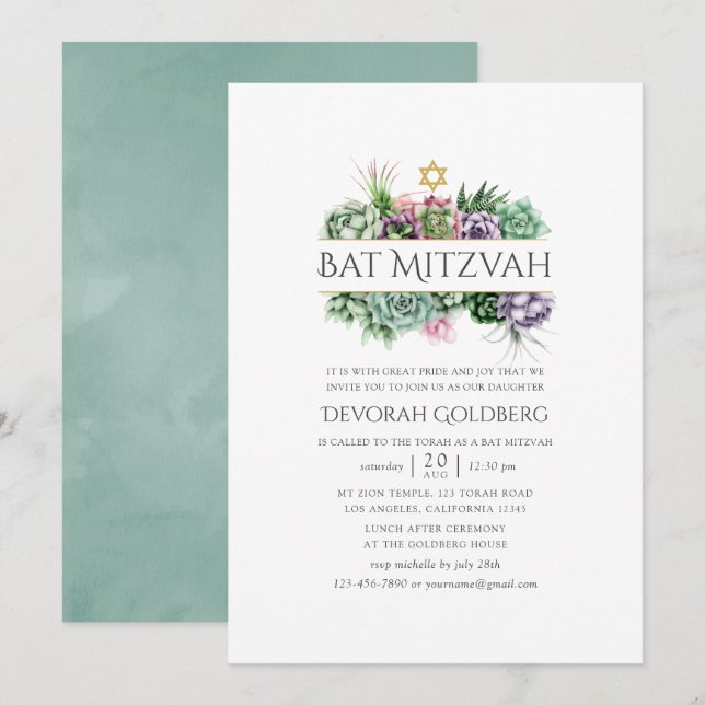 Invitation Bar Mitzvah géométrique de succulente aquarelle (Devant / Derrière)