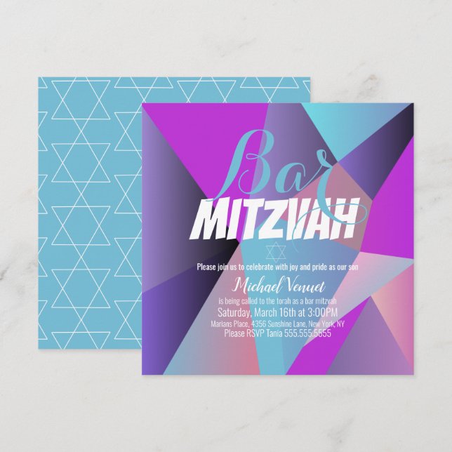 Invitation Bar Mitzvah géométrique néon bleu blanc (Devant / Derrière)