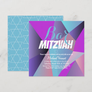 Invitation Bar Mitzvah géométrique néon bleu blanc