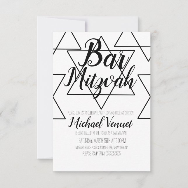 Invitation Bar Mitzvah géométrique noir et blanc (Devant)