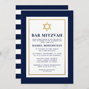 Invitation Bar Mitzvah Gold Blue et White Stried