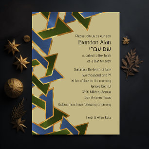 Invitation Bar Mitzvah Gold Blue Green Star de David