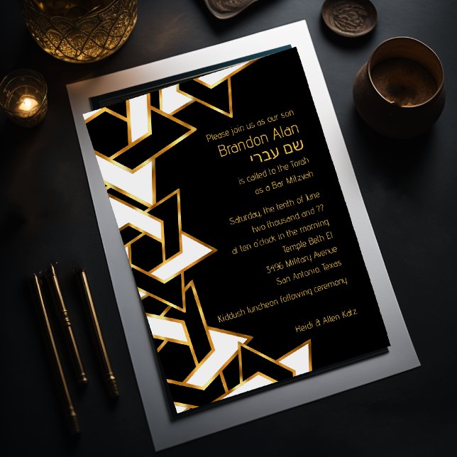 Invitation Bar Mitzvah Gold et Black White Star de David (Créateur téléchargé)