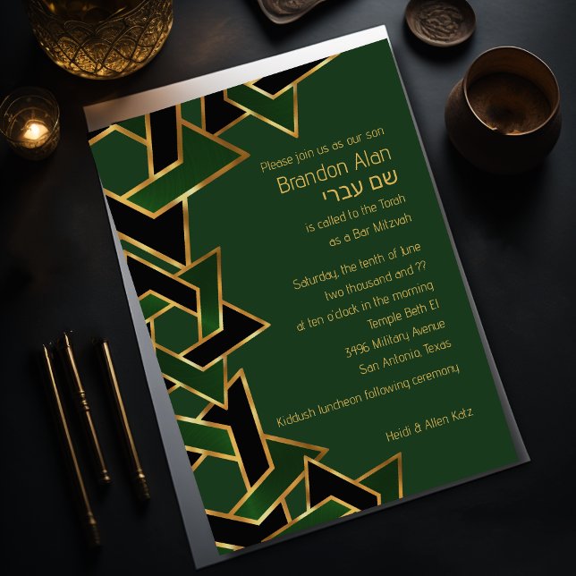 Invitation Bar Mitzvah Gold Green Black Star de David (Créateur téléchargé)