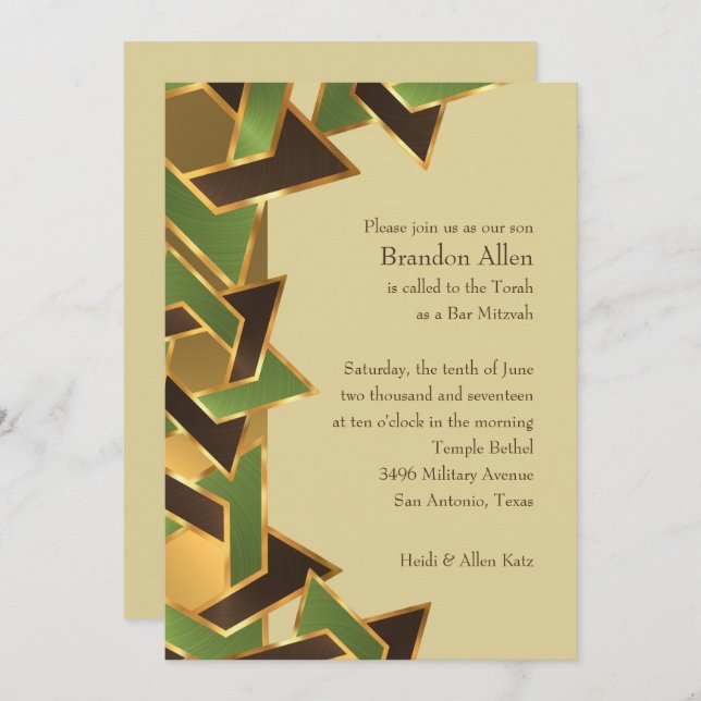 Invitation Bar Mitzvah Gold Green Brown Star of David (Devant / Derrière)