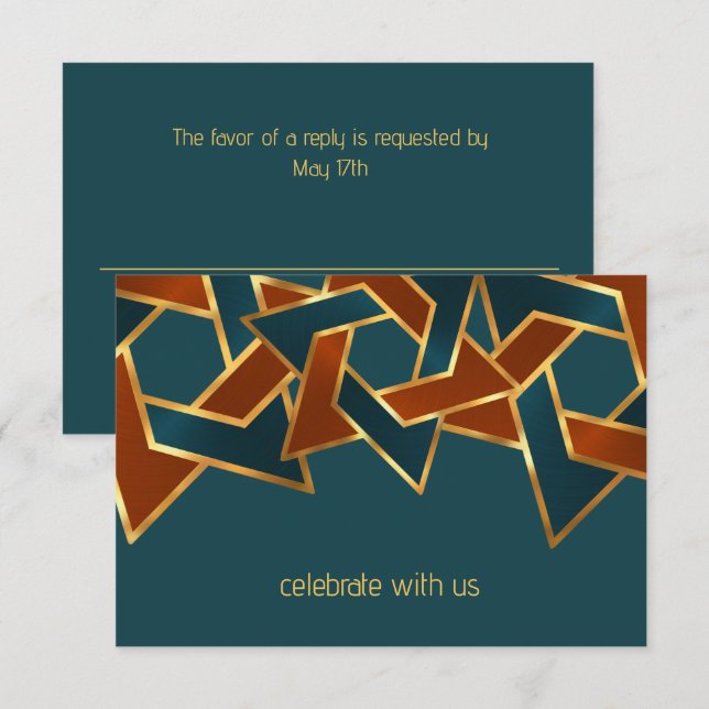 Invitation Bar Mitzvah Gold Turquoise Blue Rust Star de David (Devant / Derrière)