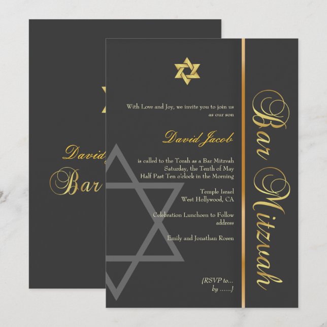 INVITATION BAR MITZVAH GRAPHITE/OR/DO-IT-YOURSELF COULEUR (Devant / Derrière)