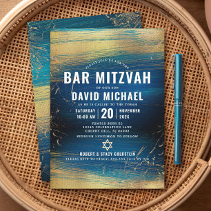 Invitation Bar Mitzvah Gras Type Moderne Or Turquoise