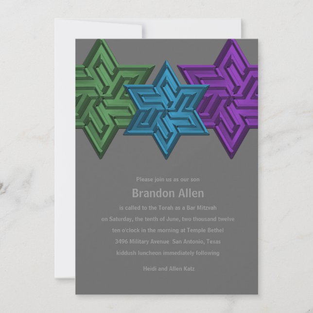 Invitation Bar Mitzvah Green Teal and Purple Star of David (Devant)