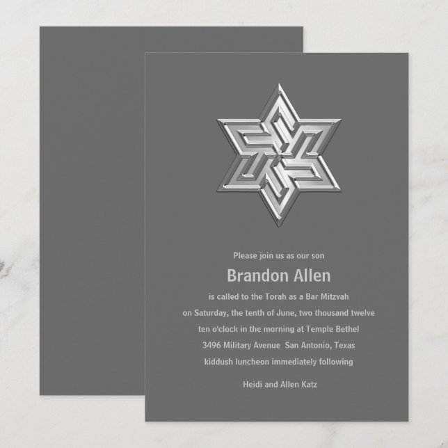 Invitation Bar Mitzvah Gris Tons Star de David (Devant / Derrière)