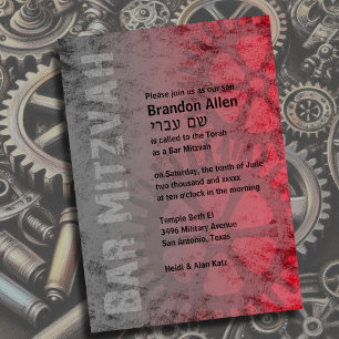 Invitation Bar Mitzvah Grunge Industriel Rouge
