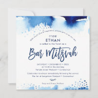BAR MITZVAH hébreu main lettré bleu aquarelle