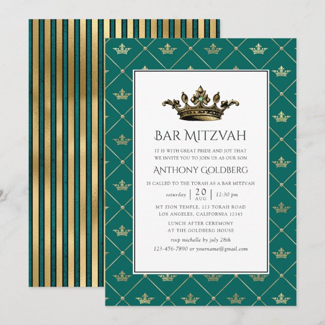 Invitation Bar Mitzvah héraldique sarcelle et or (Devant / Derrière)