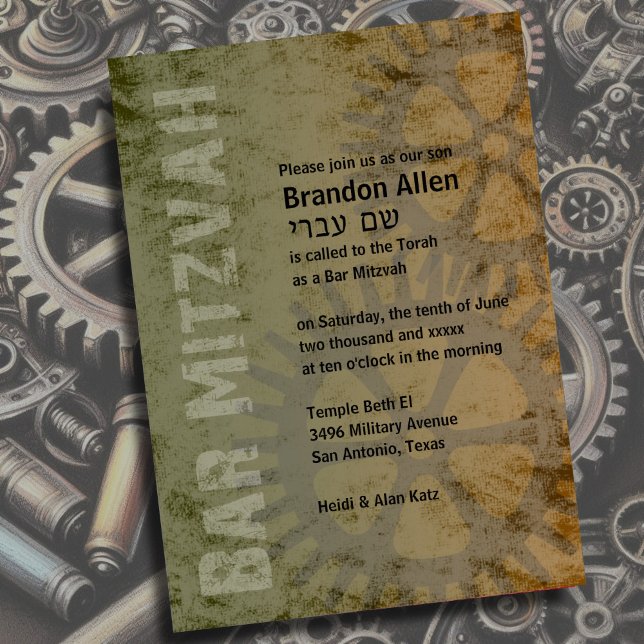 Invitation Bar Mitzvah Industrial Grunge Brown Green (Créateur téléchargé)