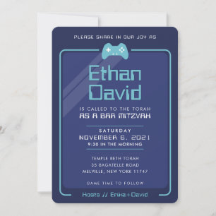 Invitation BAR MITZVAH jeux modernes contrôle marine aqua ble