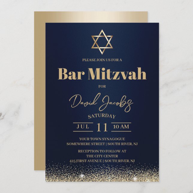 Invitation Bar Mitzvah juif moderne bleu marine et or (Devant / Derrière)