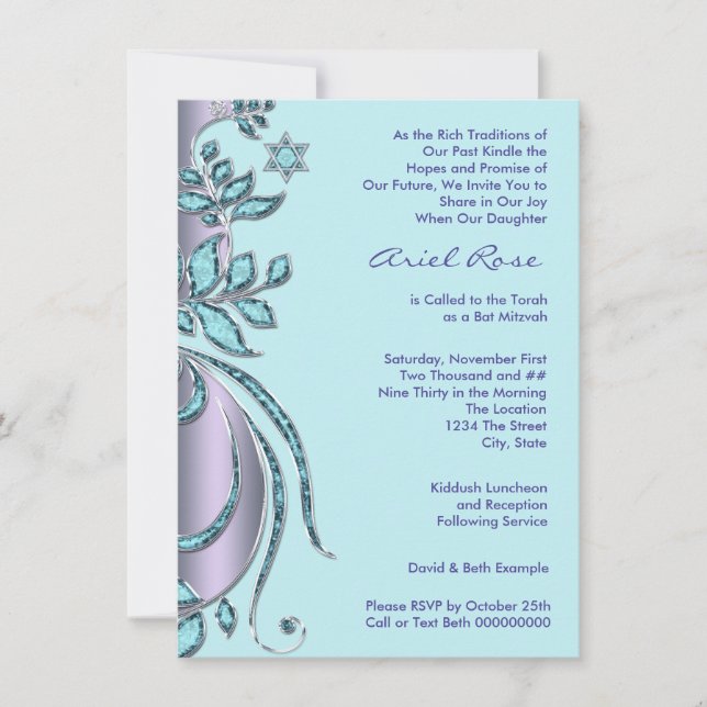Invitation Bar Mitzvah lavande violet et bleu sarcelle (Devant)