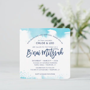 Invitation BAR MITZVAH lettrage aqua aquarelle
