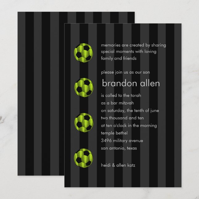Invitation Bar Mitzvah Lime Bal de soccer vert et noir (Devant / Derrière)