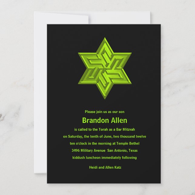 Invitation Bar Mitzvah Lime Green sur Black, Étoile de David (Devant)