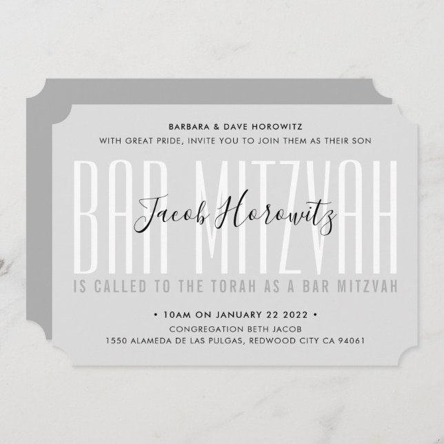 Invitation BAR MITZVAH maquette moderne typographie garçon gr (Devant / Derrière)