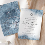 Invitation Bar Mitzvah Marbre Argent Bleu<br><div class="desc">Cette élégante invitation à la bat-mitzvah présente une bordure aquarelle bleu clair imitant le marbre veiné de faux-feuilles d'argent, s'estompant progressivement sur le fond blanc. Les mots "bat mitzvah" apparaissent en écriture manuscrite gris charbon, le reste du texte étant en capitales serif. Le motif marbré bleu et argent est répété...</div>