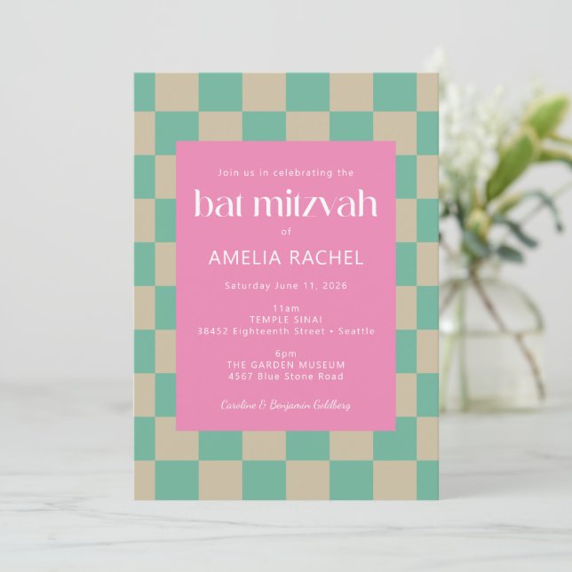 Invitation Bar Mitzvah Mod Rose Vert Menthe Damier  (Debout devant)