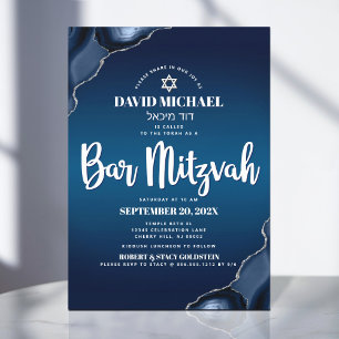 Invitation Bar Mitzvah Modern Navy Blue Ombre Agate Script Da