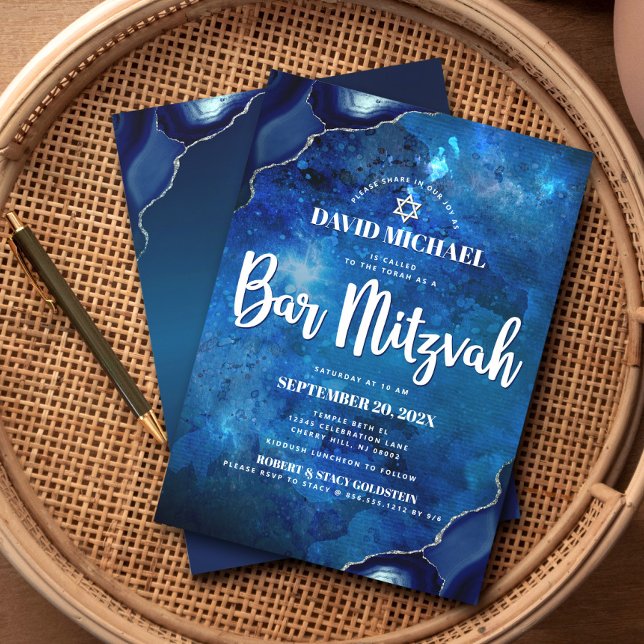 Invitation Bar Mitzvah moderne à l'aquarelle bleu agate et éc (Créateur téléchargé)