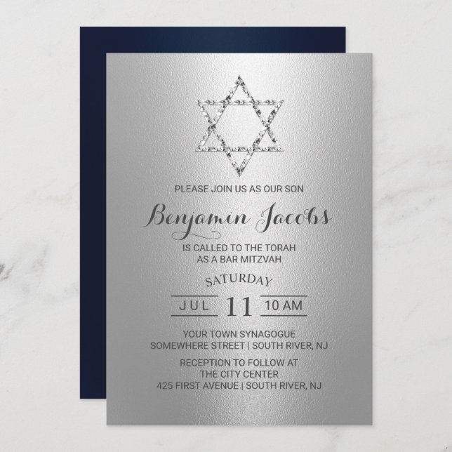 Invitation Bar Mitzvah Moderne Argent & Etoile bleue de David (Devant / Derrière)