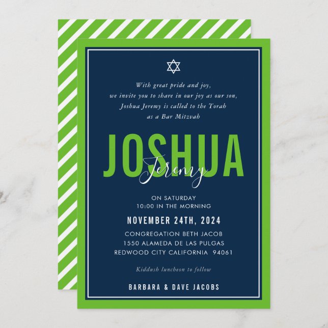 Invitation BAR MITZVAH moderne athlétique garçon nfl marine v (Devant / Derrière)