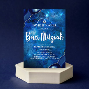 Invitation Bar Mitzvah moderne bleu agate aquarelle script