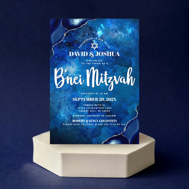 Invitation Bar Mitzvah moderne bleu agate aquarelle script (Créateur téléchargé)