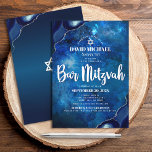 Invitation Bar Mitzvah moderne bleu aquarelle Agate Script<br><div class="desc">Soyez fier, réjouissez-vous et présentez cette étape importante de votre Bar Mitzvah préféré ! Envoyer cette invitation cool, unique, moderne, personnalisée pour un événement à retenir. La typographie en écriture blanche et l'étoile de David superposent un arrière - plan d'aquarelle de galaxie bleue profonde avec agate en acier bleu accentué...</div>