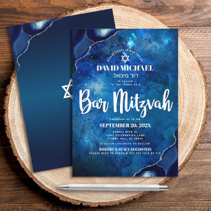 Invitation Bar Mitzvah moderne bleu aquarelle Agate Script