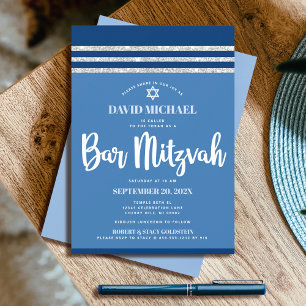 Invitation Bar Mitzvah Moderne Bleu Argent Tallit Bold Script