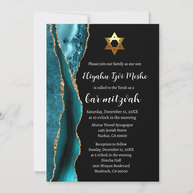Invitation Bar Mitzvah Moderne Bleu sarcelle Noir et Or (Devant)