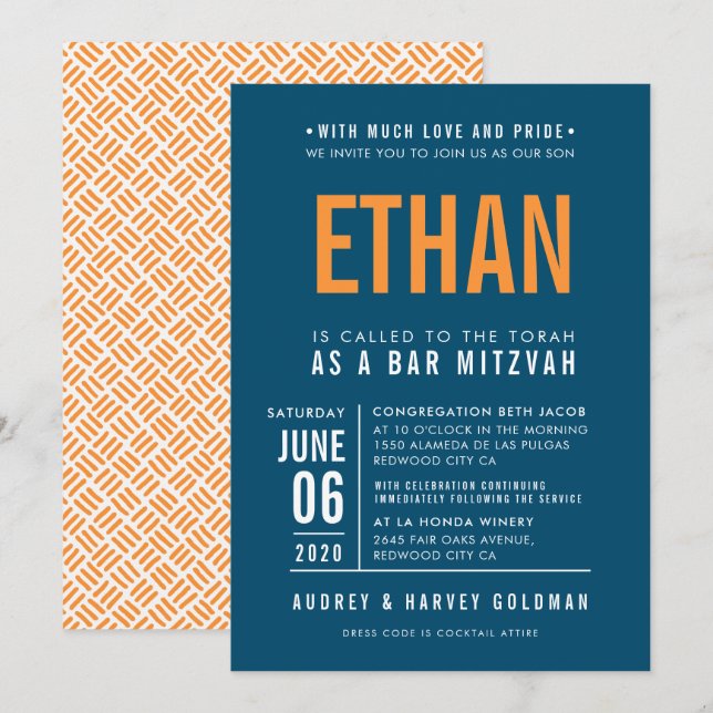 Invitation BAR MITZVAH moderne bold bloc bleu foncé orange (Devant / Derrière)