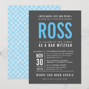Invitation BAR MITZVAH moderne bold bloc type gris aqua bleu