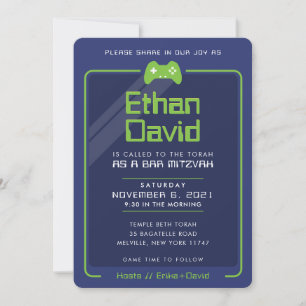 Invitation BAR MITZVAH moderne contrôle joueur neon marine ve