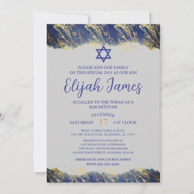 Invitation Bar Mitzvah moderne élégant étoile de David bleu o (Devant)