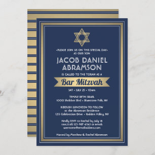 Invitation Bar Mitzvah Moderne Elegant Marine Bleu Blanc & Or