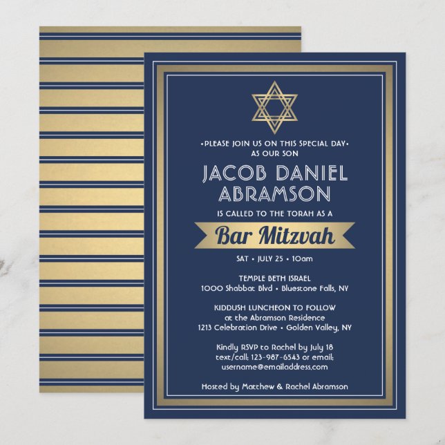 Invitation Bar Mitzvah Moderne Elegant Marine Bleu Blanc & Or (Devant / Derrière)