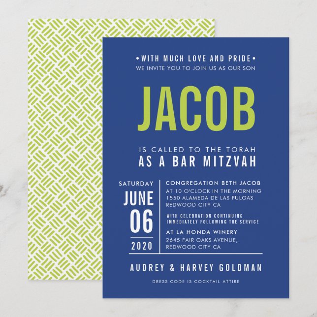 Invitation BAR MITZVAH moderne en bloc type royal bleu chaux (Devant / Derrière)
