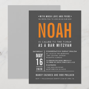 Invitation BAR MITZVAH moderne en gras de bloc type gris oran