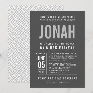 Invitation BAR MITZVAH moderne en gras type bloc gris gris mo