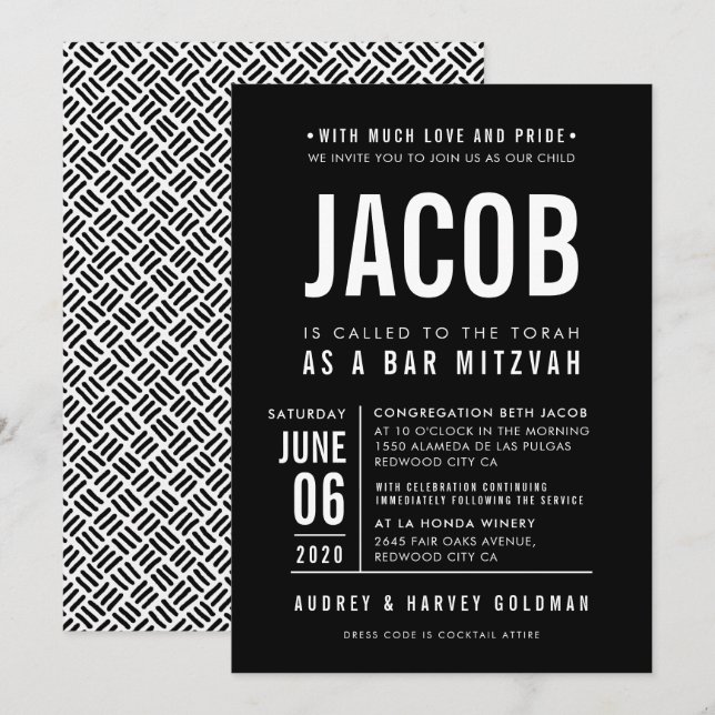 Invitation BAR MITZVAH moderne en gros bloc type noir blanc (Devant / Derrière)